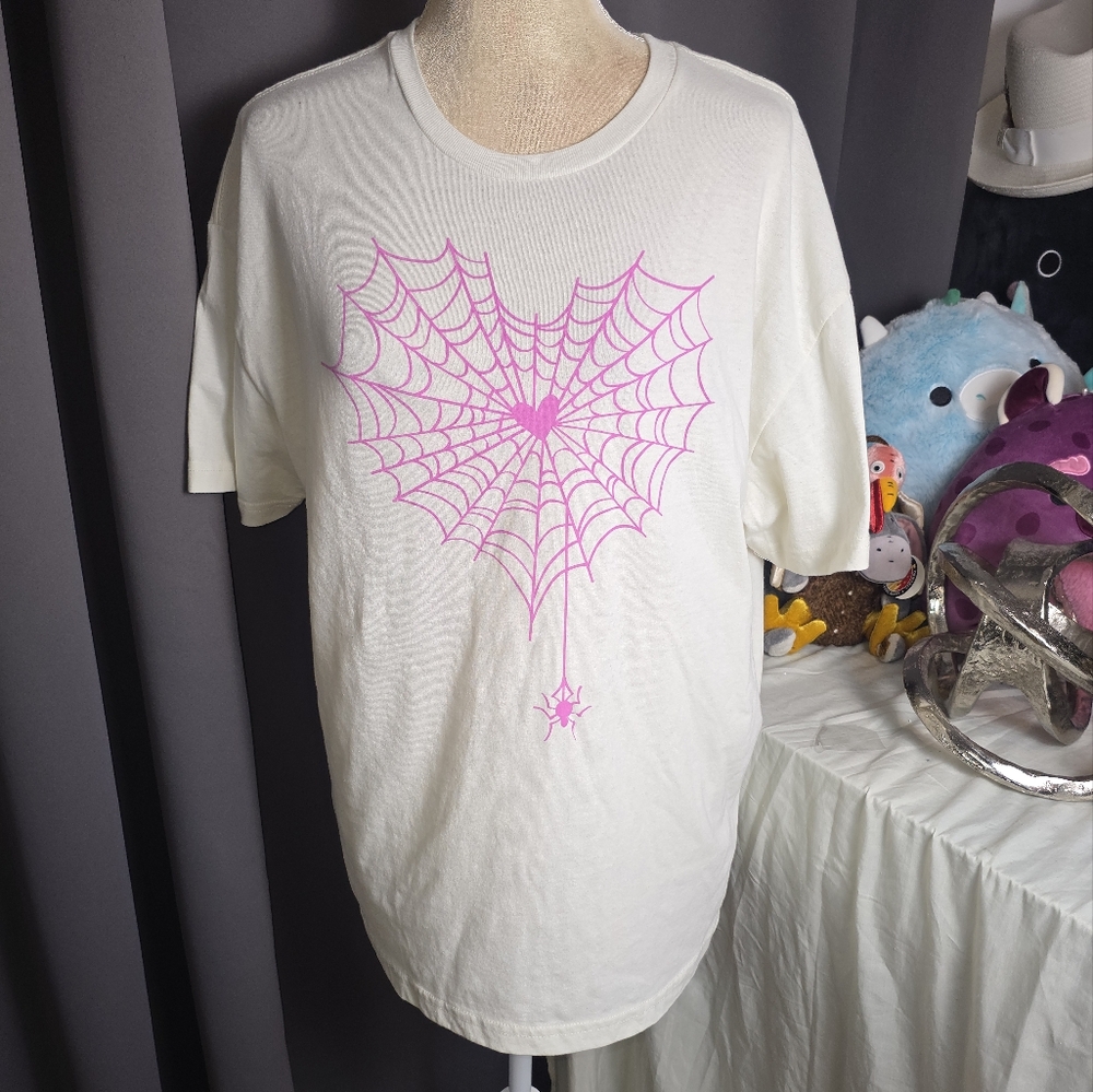Heart Spider Web Graphic Tee Pink Goth Y2K Alt Streetwear T-Shirt Size‎ Large